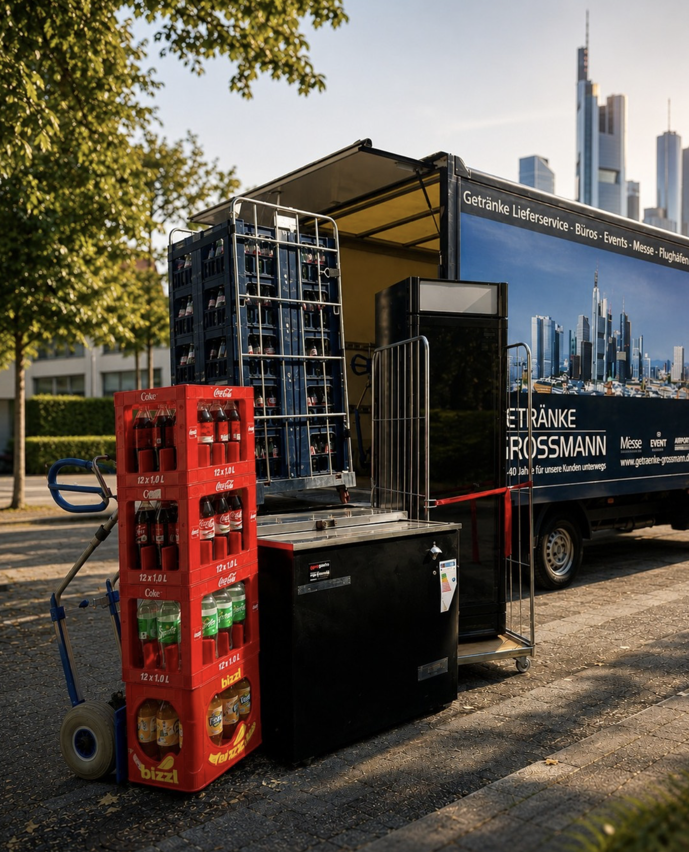 Getränke-Grossmann-Eventanlieferung mit LKW, Getränkekisten, Coca-Cola, Softdrinks und mobiler Kühltechnik vor der Frankfurter Skyline