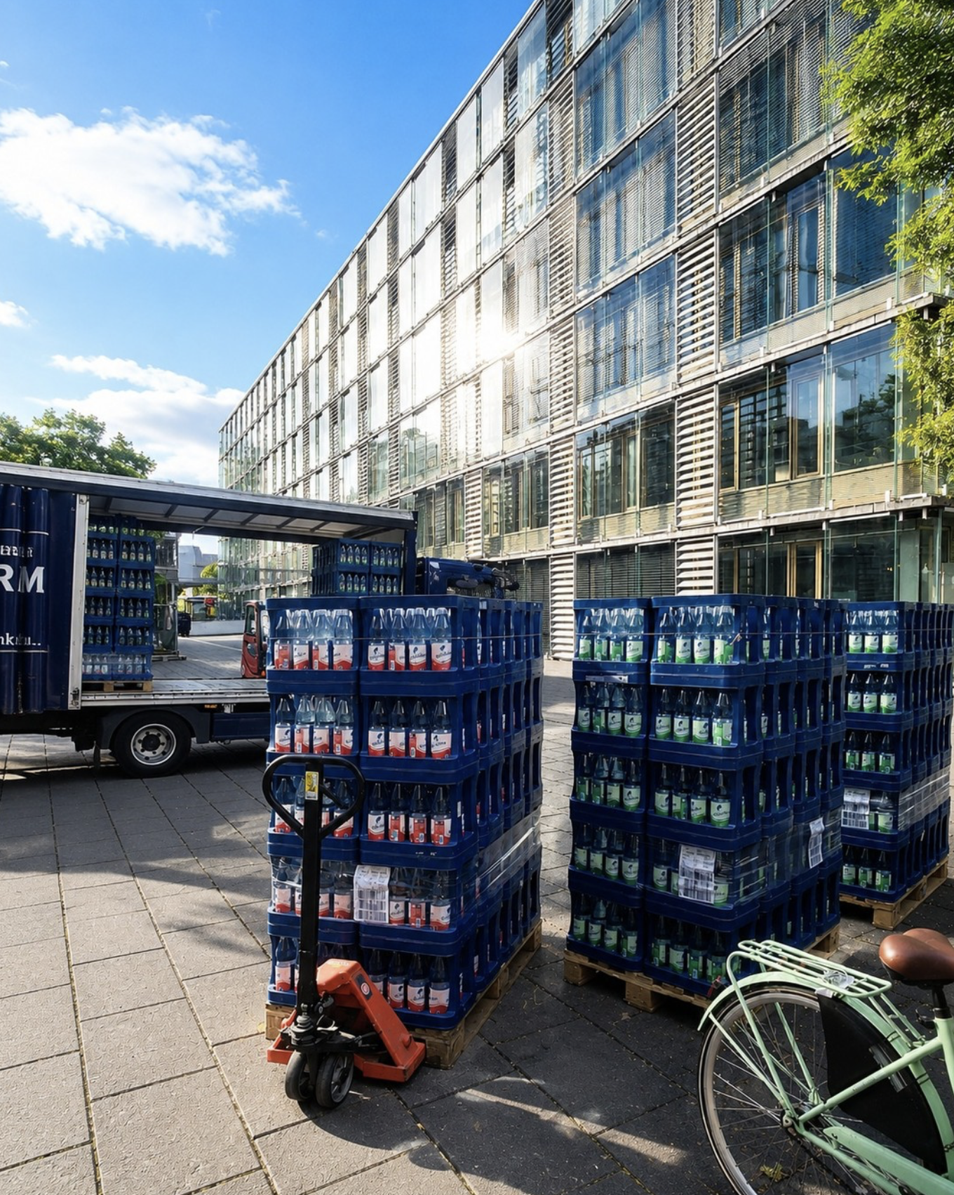 Getränke-Grossmann-LKW bei einer Firmenanlieferung mit Elisabethen-Wasser und Getränkekisten vor einem Bürogebäude in Frankfurt