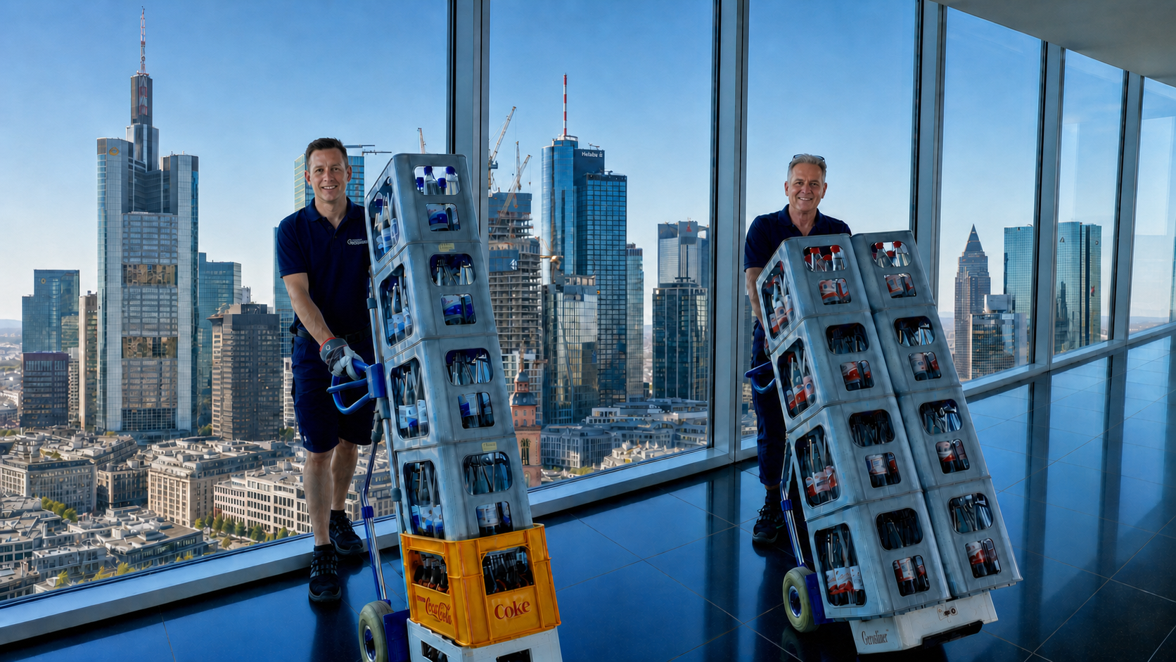 Christopher Grossmann und Stefan Grossmann liefern Getränkekisten mit Transportkarren in ein Frankfurter Hochhaus mit Blick auf die Skyline