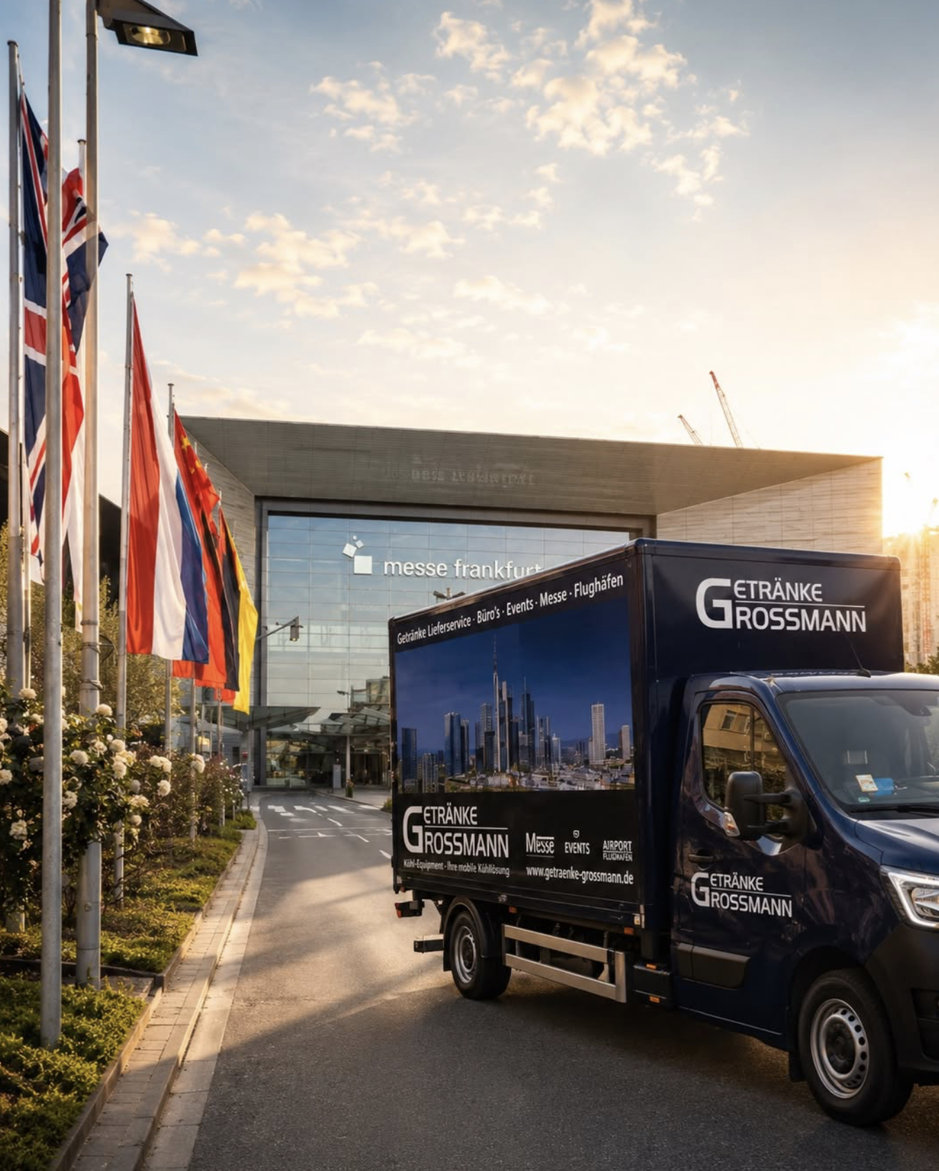 Getränke-Grossmann-LKW vor der Messe Frankfurt für die Getränkelieferung direkt an Messestände