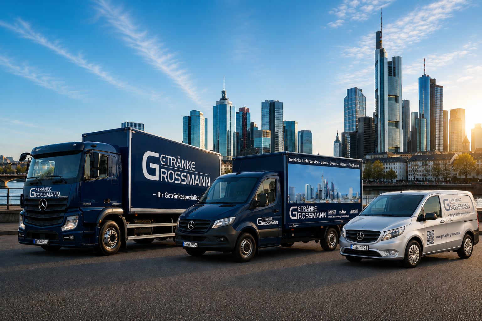 Getränke Grossmann Fuhrpark mit LKW, Lieferfahrzeug und Transporter vor der Frankfurter Skyline