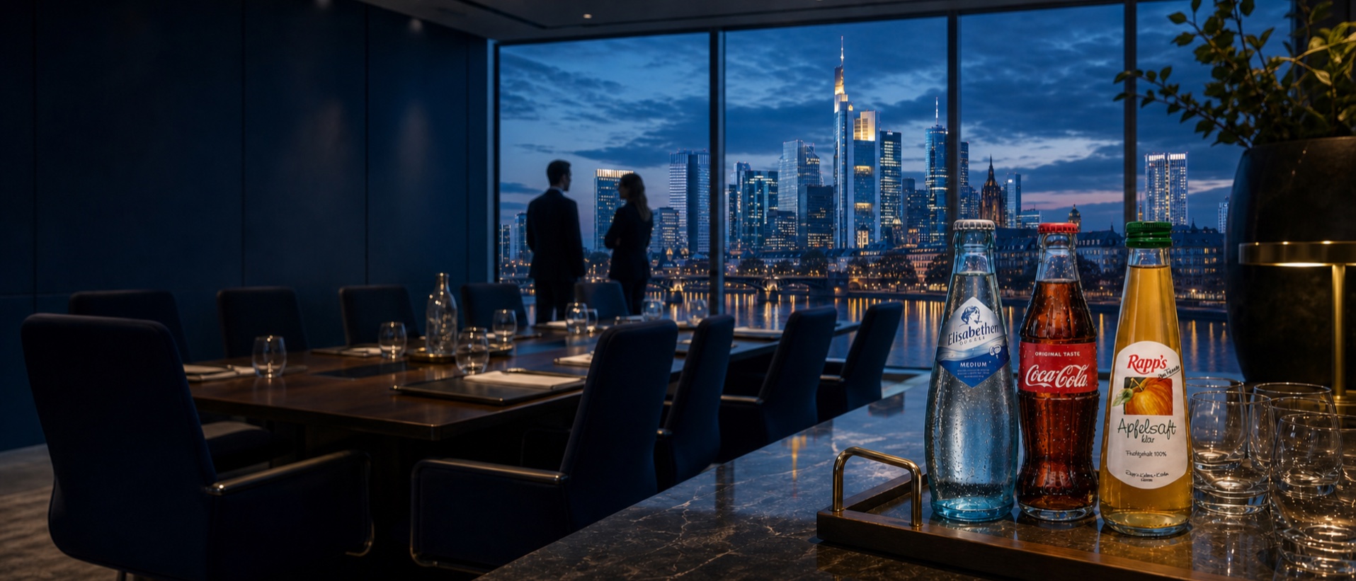Exklusiver Konferenzraum am Abend mit beleuchteter Frankfurter Skyline und gekühlten Konferenzgetränken