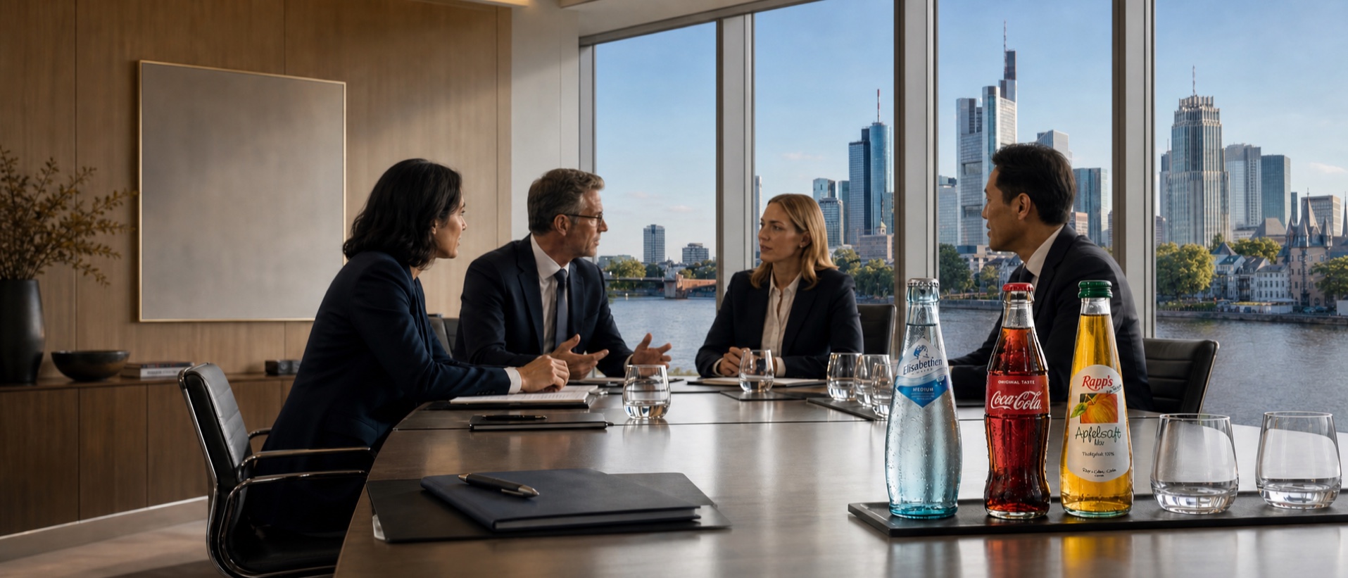 Geschäftliche Besprechung in einer Frankfurter Kanzlei mit Skylineblick und hochwertigen Konferenzgetränken
