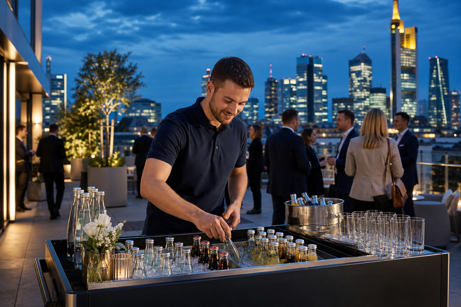 Getränke-Grossmann-Eventservice mit gekühlten Getränken für ein Firmenevent vor der Frankfurter Skyline