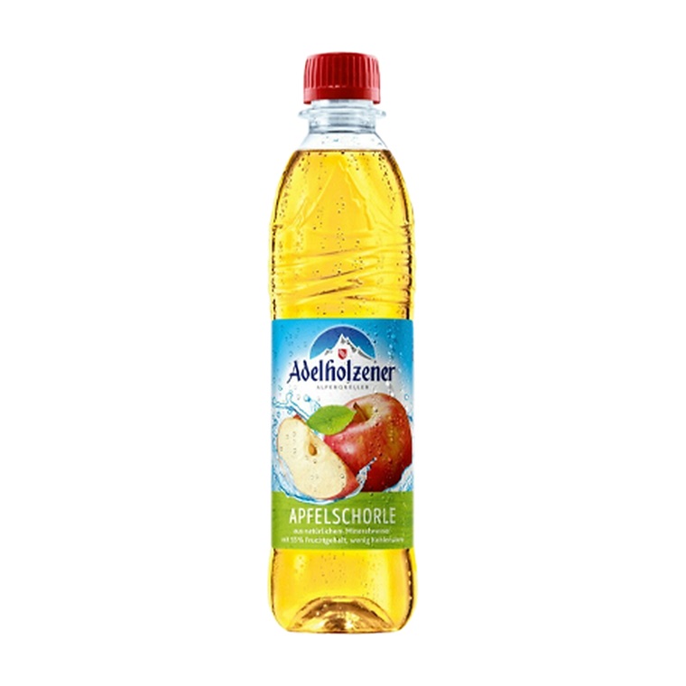 Adelholzener Apfelschorle, 12 x 0,5 l, Produktabbildung für Getränke-Lieferservice an Büros, Kanzleien, Meetings, Messen und Flughafenstandorte in Frankfurt.