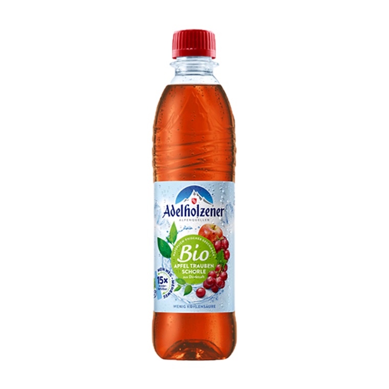 Adelholzener Bio Apfel Trauben Schorle, 12 x 0,5 l, Produktabbildung für Getränke-Lieferservice an Büros, Kanzleien, Meetings, Messen und Flughafenstandorte in Frankfurt.