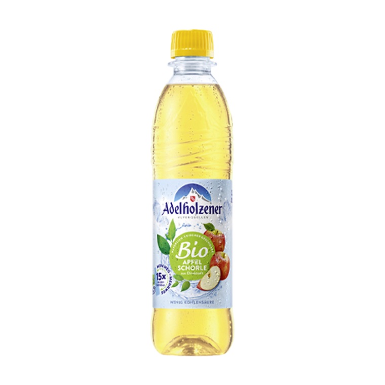 Adelholzener Bio Apfelschorle, 12 x 0,5 l, Produktabbildung für Getränke-Lieferservice an Büros, Kanzleien, Meetings, Messen und Flughafenstandorte in Frankfurt.