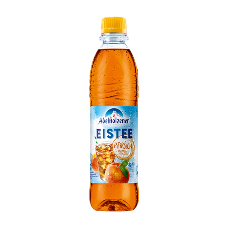 Adelholzener EISTEE Pfirsich, 12 x 0,5 l, Produktabbildung für Getränke-Lieferservice an Büros, Kanzleien, Meetings, Messen und Flughafenstandorte in Frankfurt.