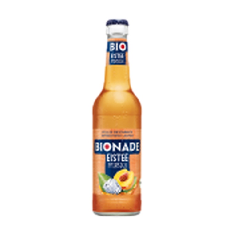 Bionade Eistee Pfirsich, 11 x 0,33 l, Produktabbildung für Getränke-Lieferservice an Büros, Kanzleien, Meetings, Messen und Flughafenstandorte in Frankfurt.