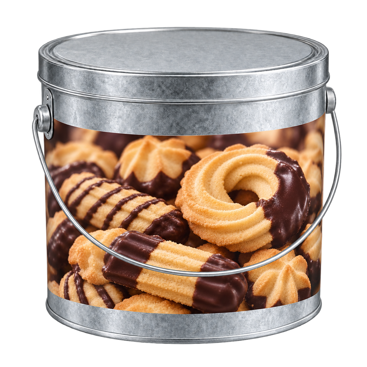 Schoko-Spritzgebäck im wiederverschließbaren Metalleimer für Meetings und Büroversorgung in Frankfurt.