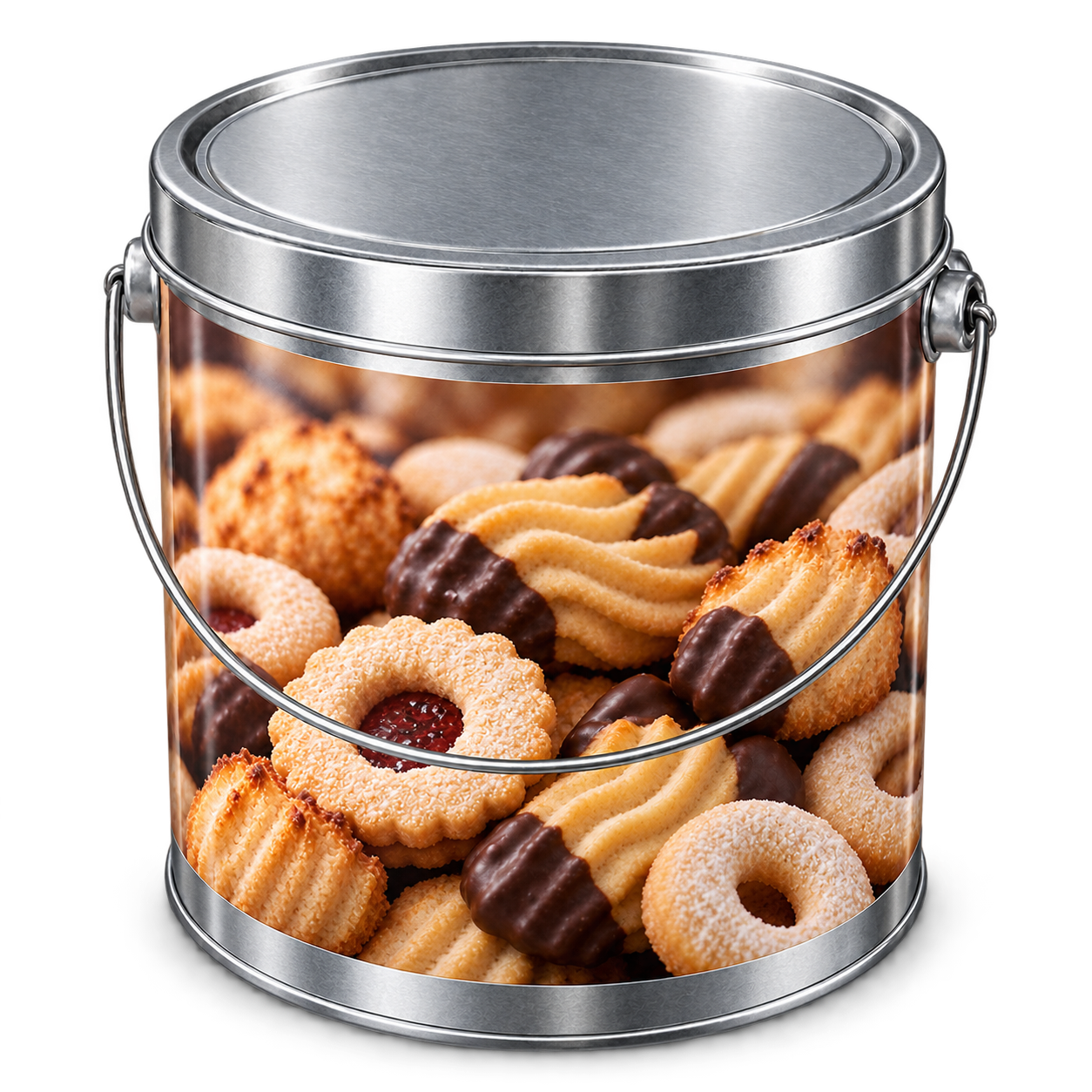 Spritzgebäck-Mix im ca. 1,2-kg-Metalleimer für Meetings und Büroversorgung in Frankfurt.