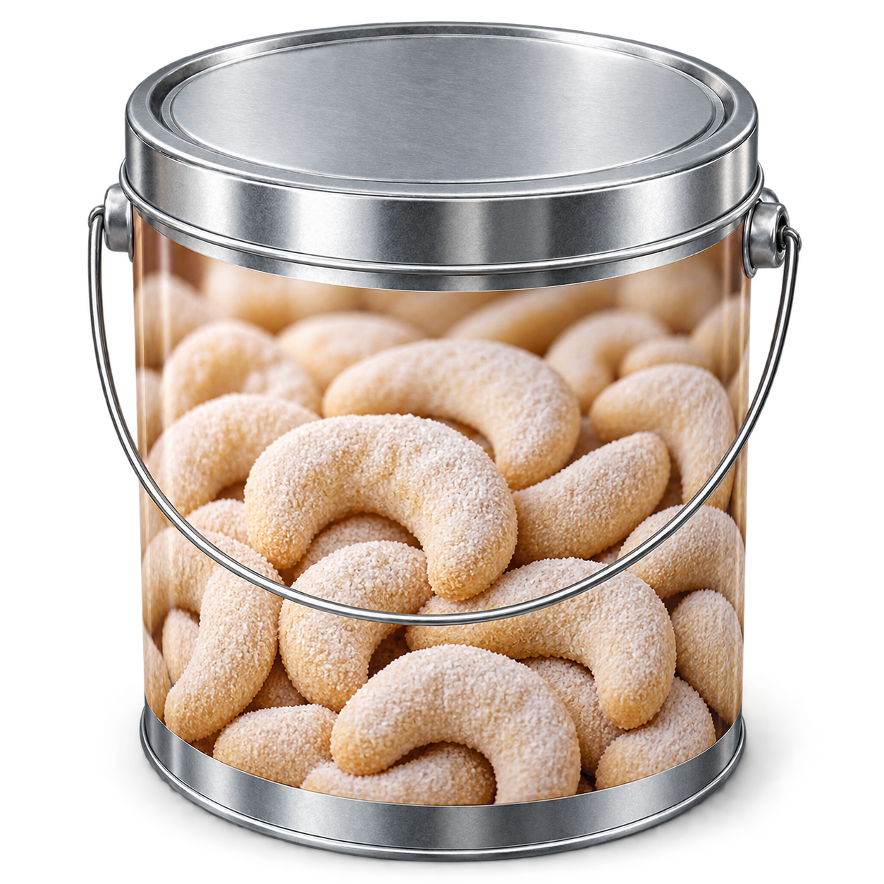 Vanillekipferl im 3-kg-Metalleimer für Meetings und Büroversorgung in Frankfurt.